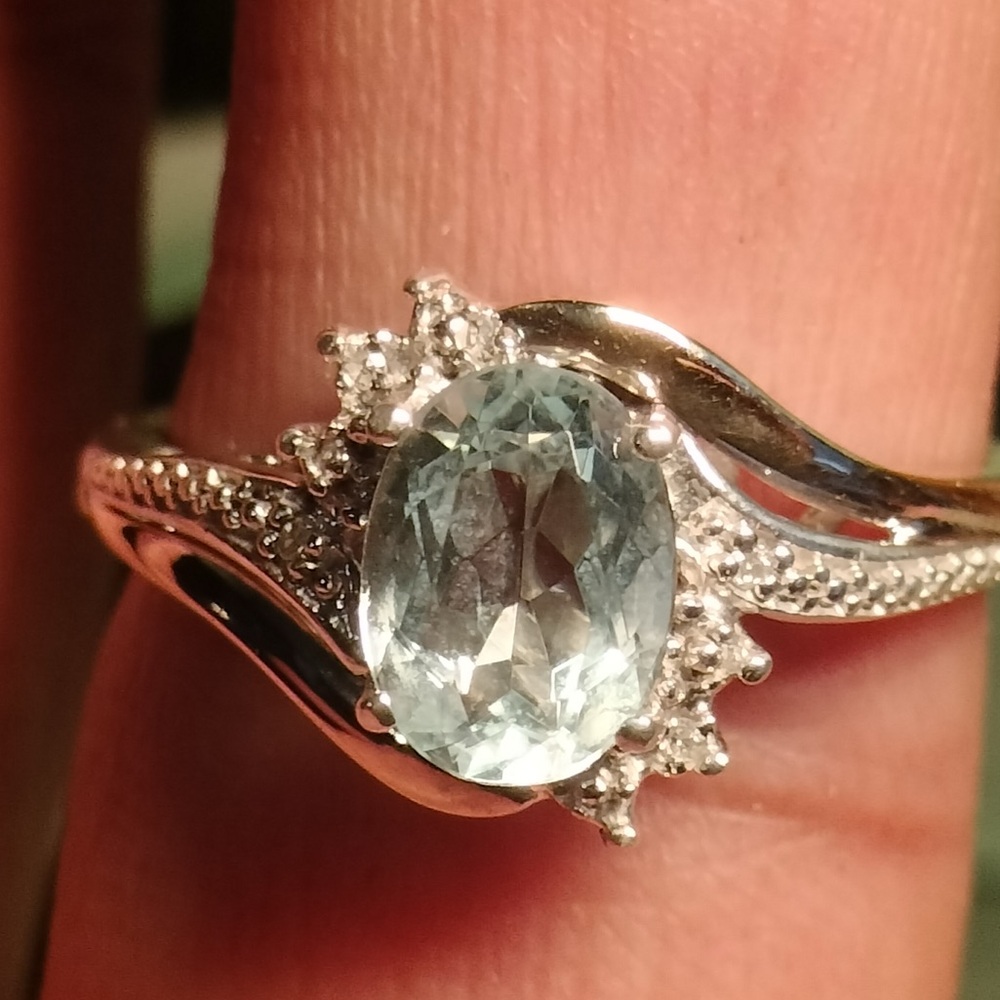 Sterling Silver 10K WG Aquamarine Diamond Ring Size 6.75